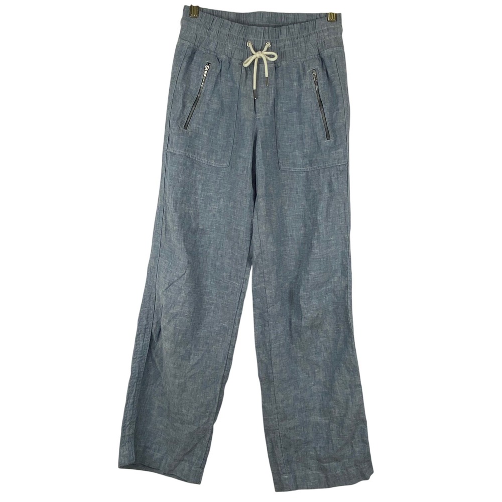 Athleta Cabo Women's 0 Linen Wide Leg Pants‎ Blue Drawstring Zipper Pocket